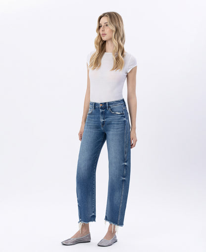 Left 45 degrees product image of Delicate Zephyr - High Rise Uneven Raw Hem Barrel Jeans