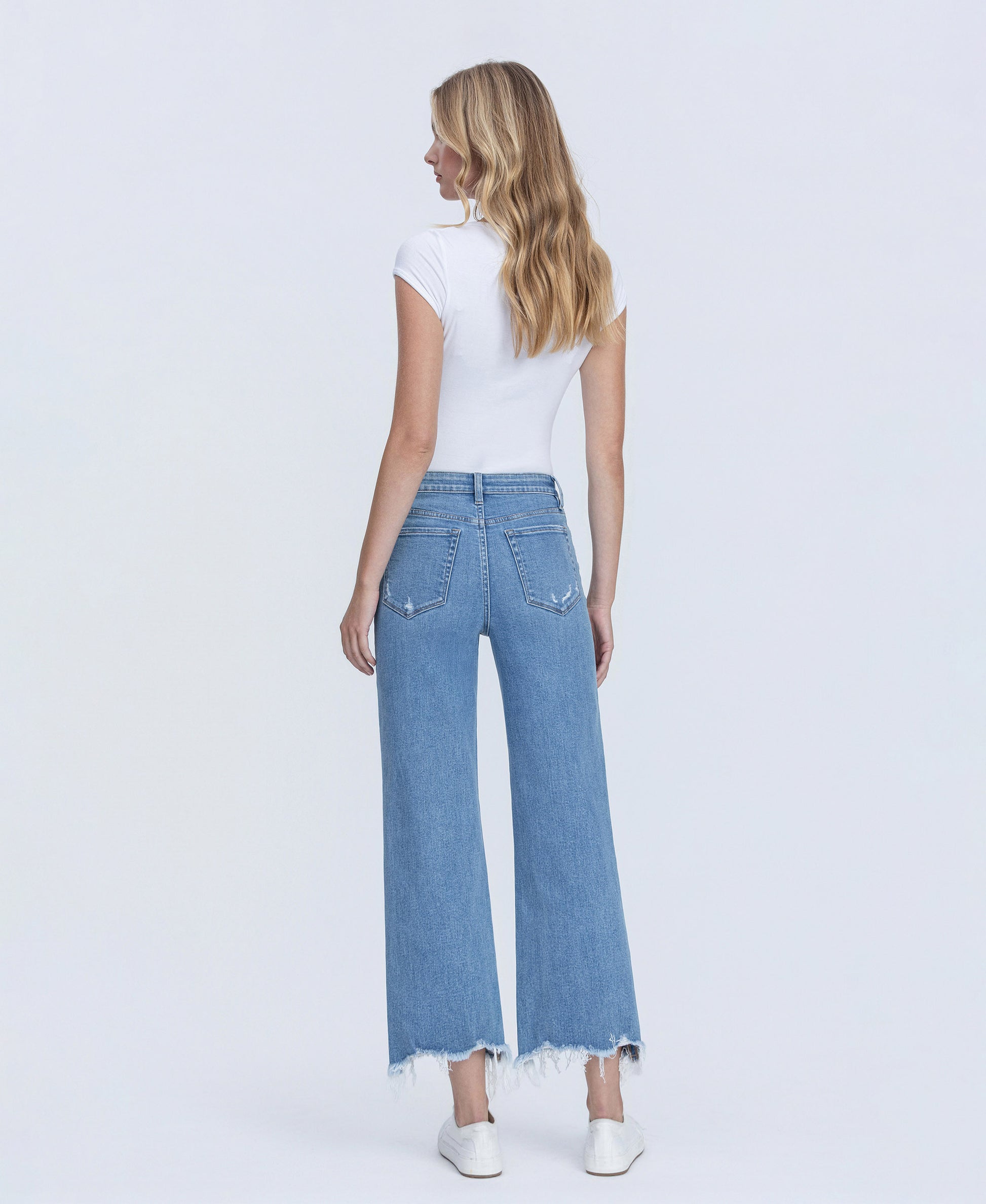 Back product images of Celestial Light - High Rise Distressed Hem Crop Slim Wide Leg Jeans