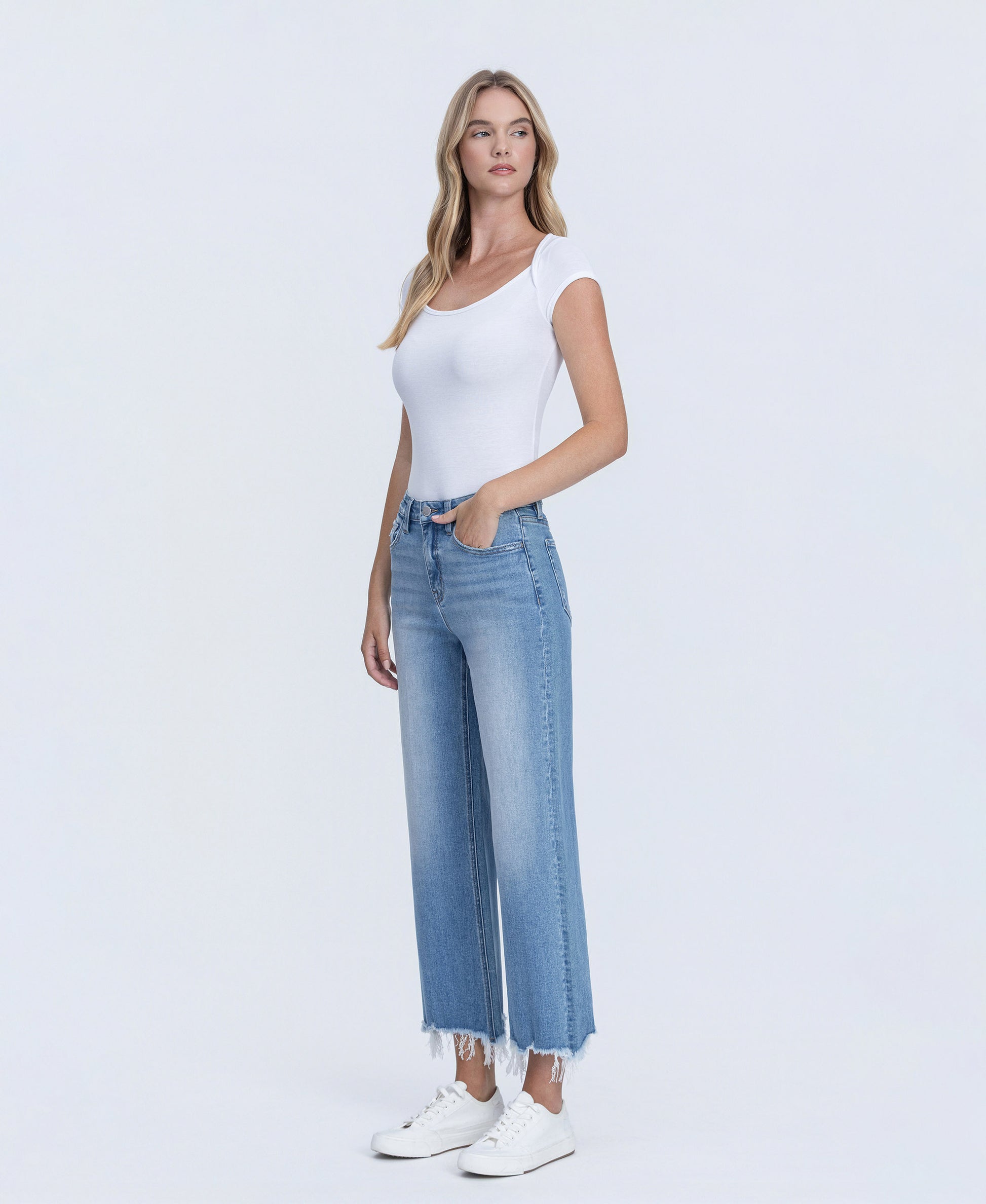 Left 45 degrees product image of Celestial Light - High Rise Distressed Hem Crop Slim Wide Leg Jeans