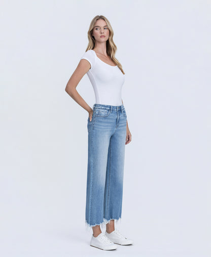 Right 45 degrees product image of Celestial Light - High Rise Distressed Hem Crop Slim Wide Leg Jeans