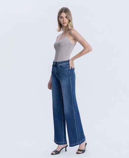 Left 45 degrees product image of Heavenly Aura - Super High Rise Crease Line Detail Wide Leg Jeans
