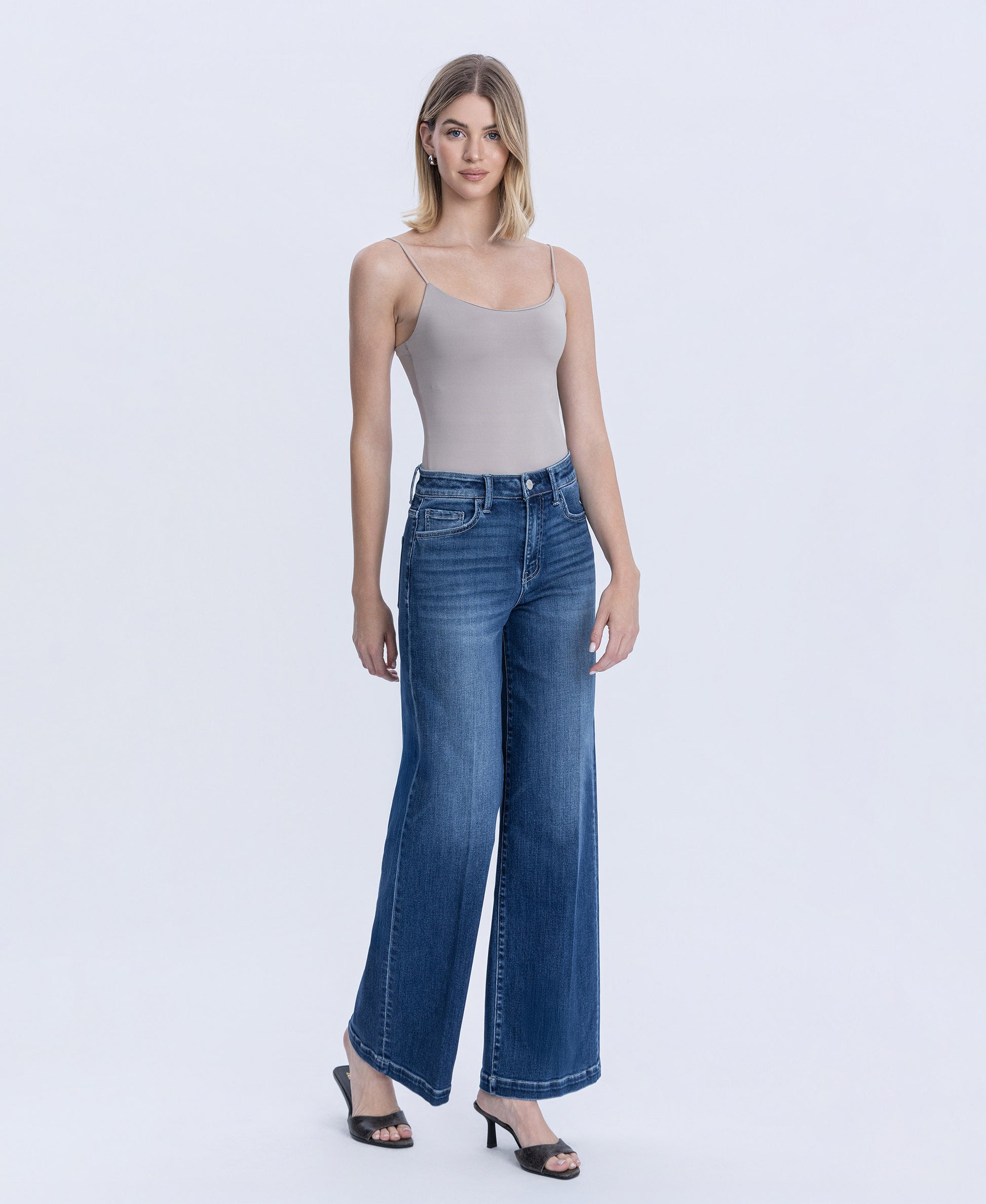 Right 45 degrees product image of Heavenly Aura - Super High Rise Crease Line Detail Wide Leg Jeans