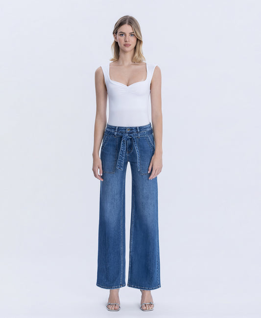 Front product images of Pure Zephyr - High Rise Waist Tie Patch Pocket Wide Leg Jeans