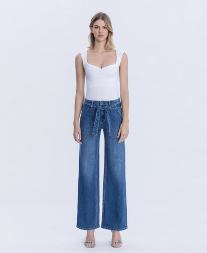 Front product images of Pure Zephyr - High Rise Waist Tie Patch Pocket Wide Leg Jeans