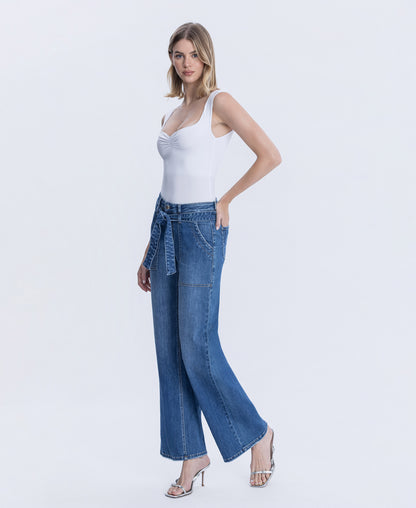 Left 45 degrees product image of Pure Zephyr - High Rise Waist Tie Patch Pocket Wide Leg Jeans