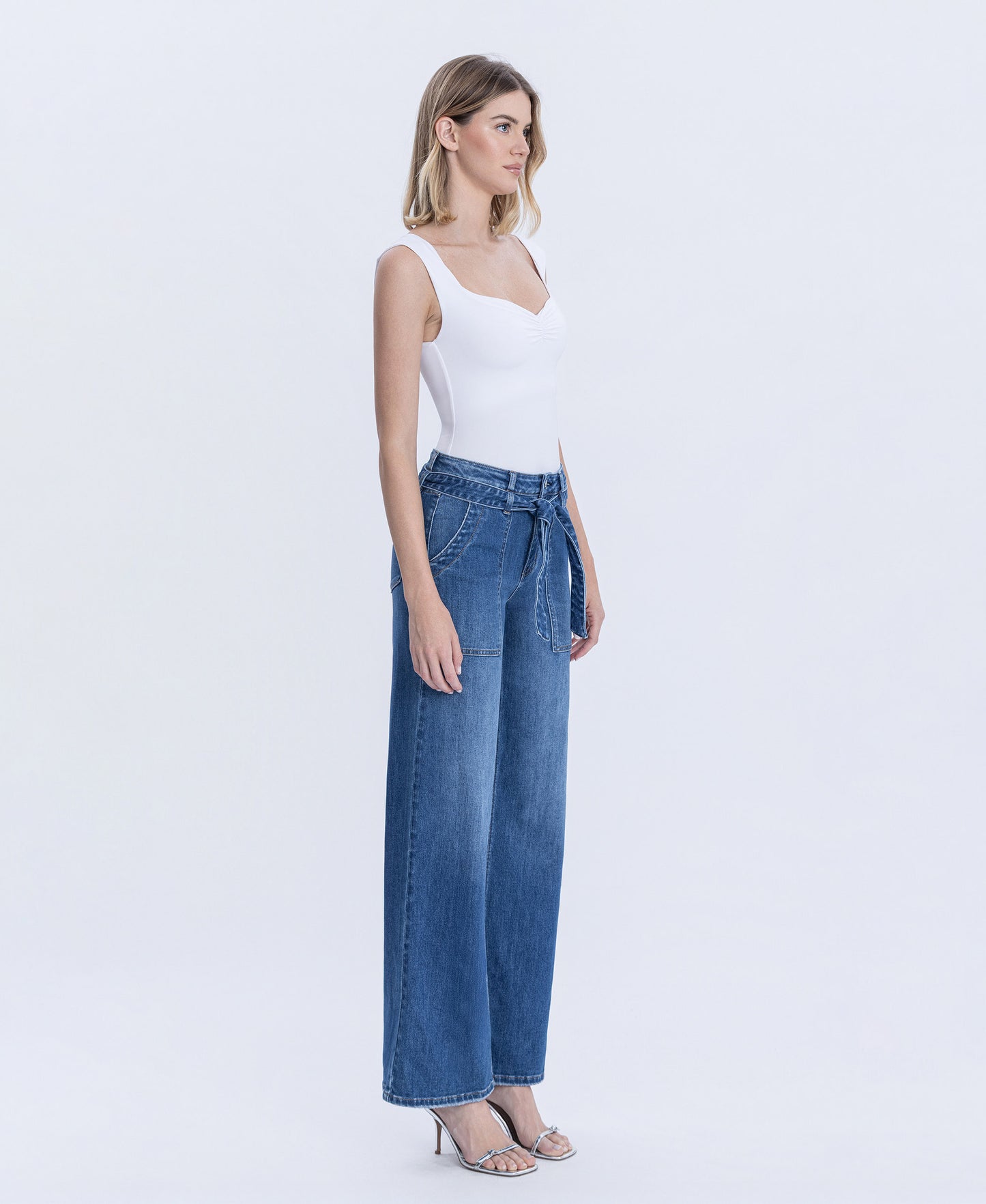 Right 45 degrees product image of Pure Zephyr - High Rise Waist Tie Patch Pocket Wide Leg Jeans