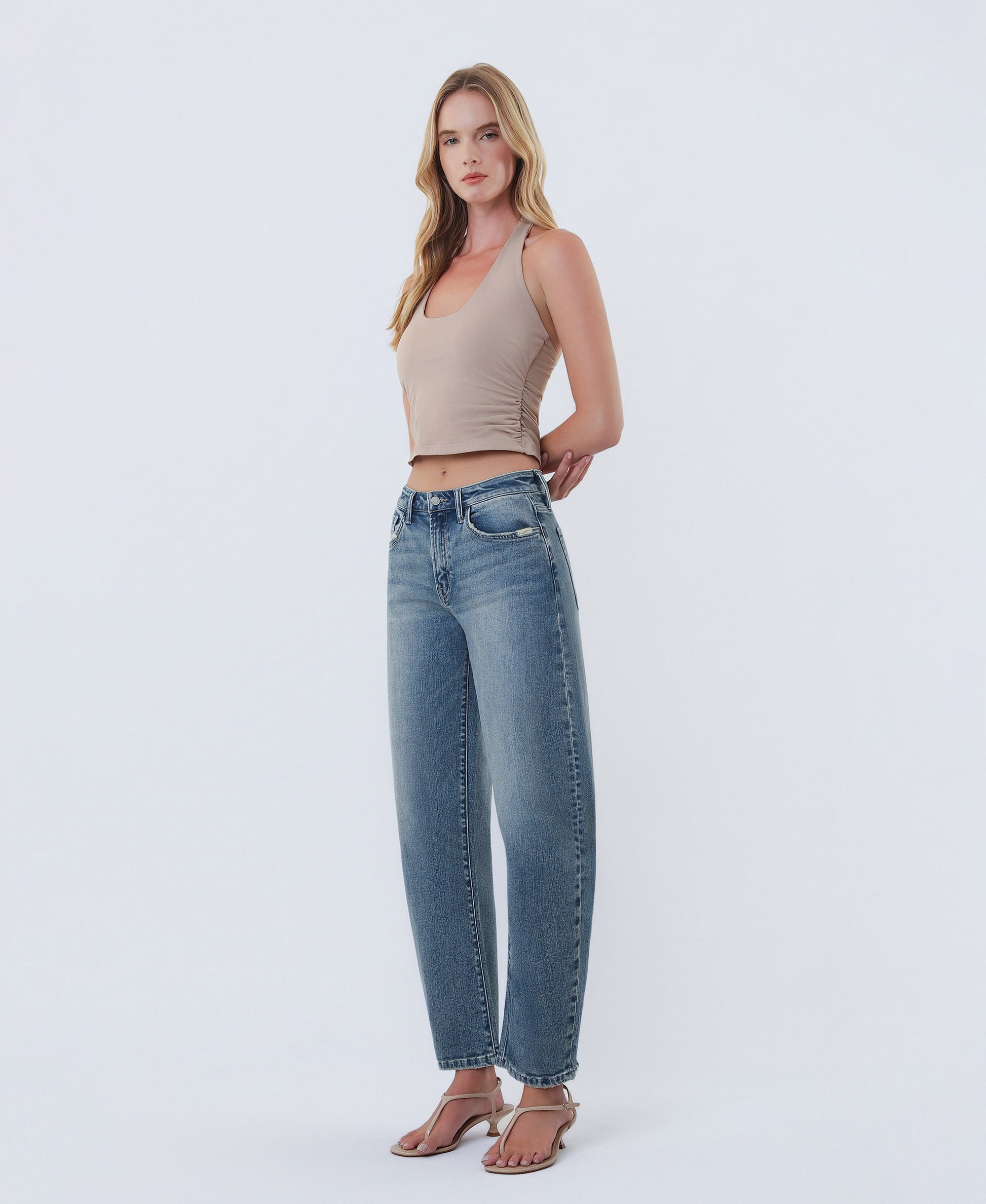 Left 45 degrees product image of Elegant Radiance - High Rise Ankle Slim Barrel Jeans