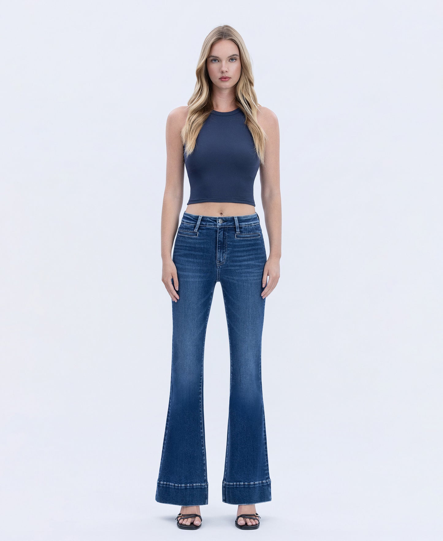 Front product images of Luminous Promise High Rise Welt Pocket Trouser Hem Flare Jeans