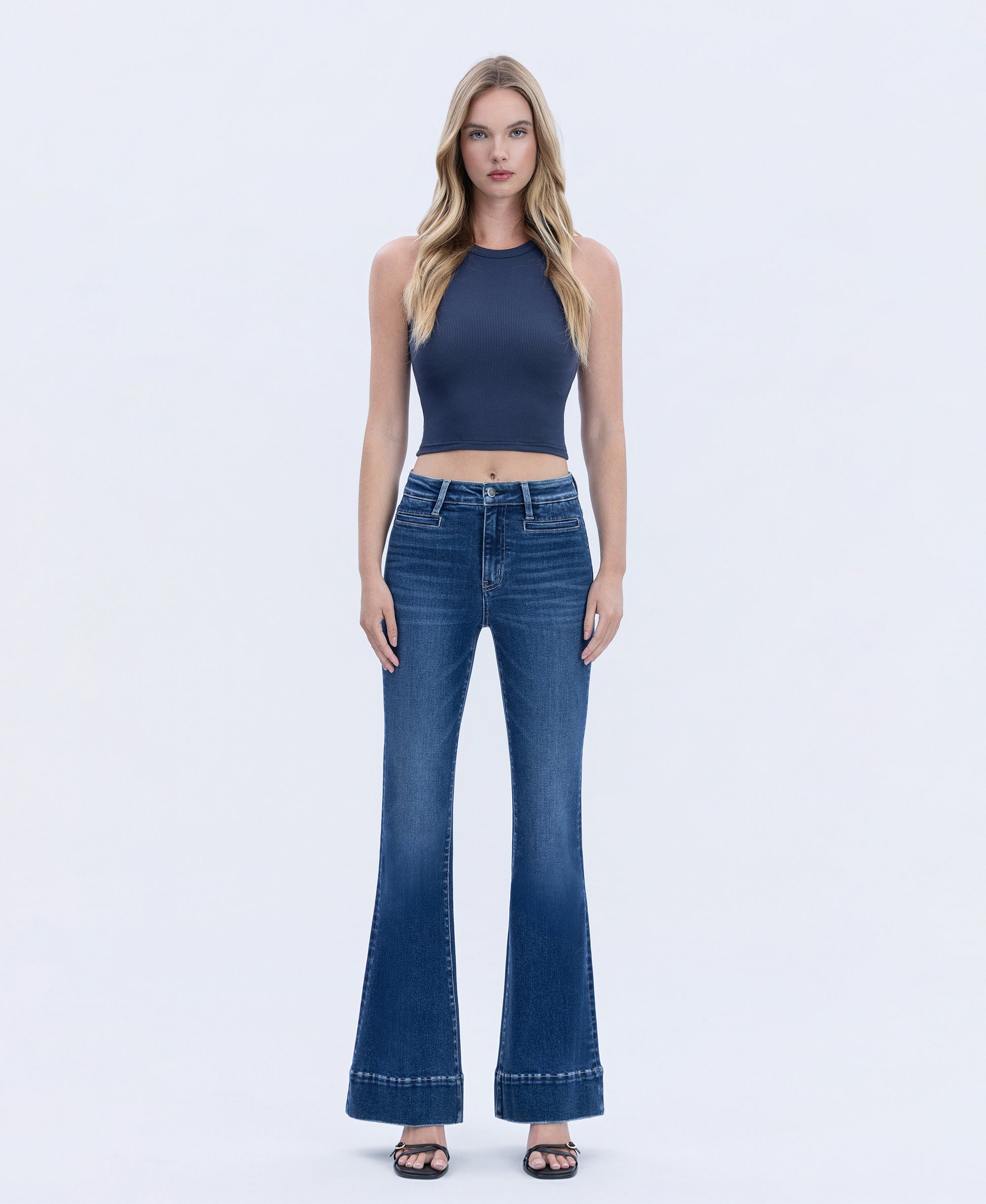 Front product images of Luminous Promise High Rise Welt Pocket Trouser Hem Flare Jeans