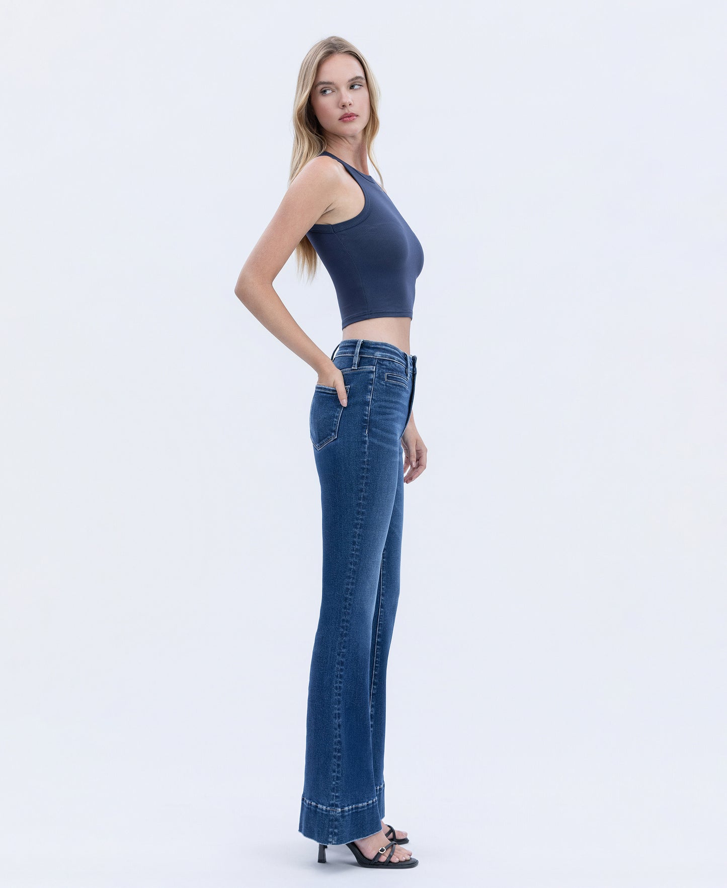 Right side product images of Luminous Promise High Rise Welt Pocket Trouser Hem Flare Jeans