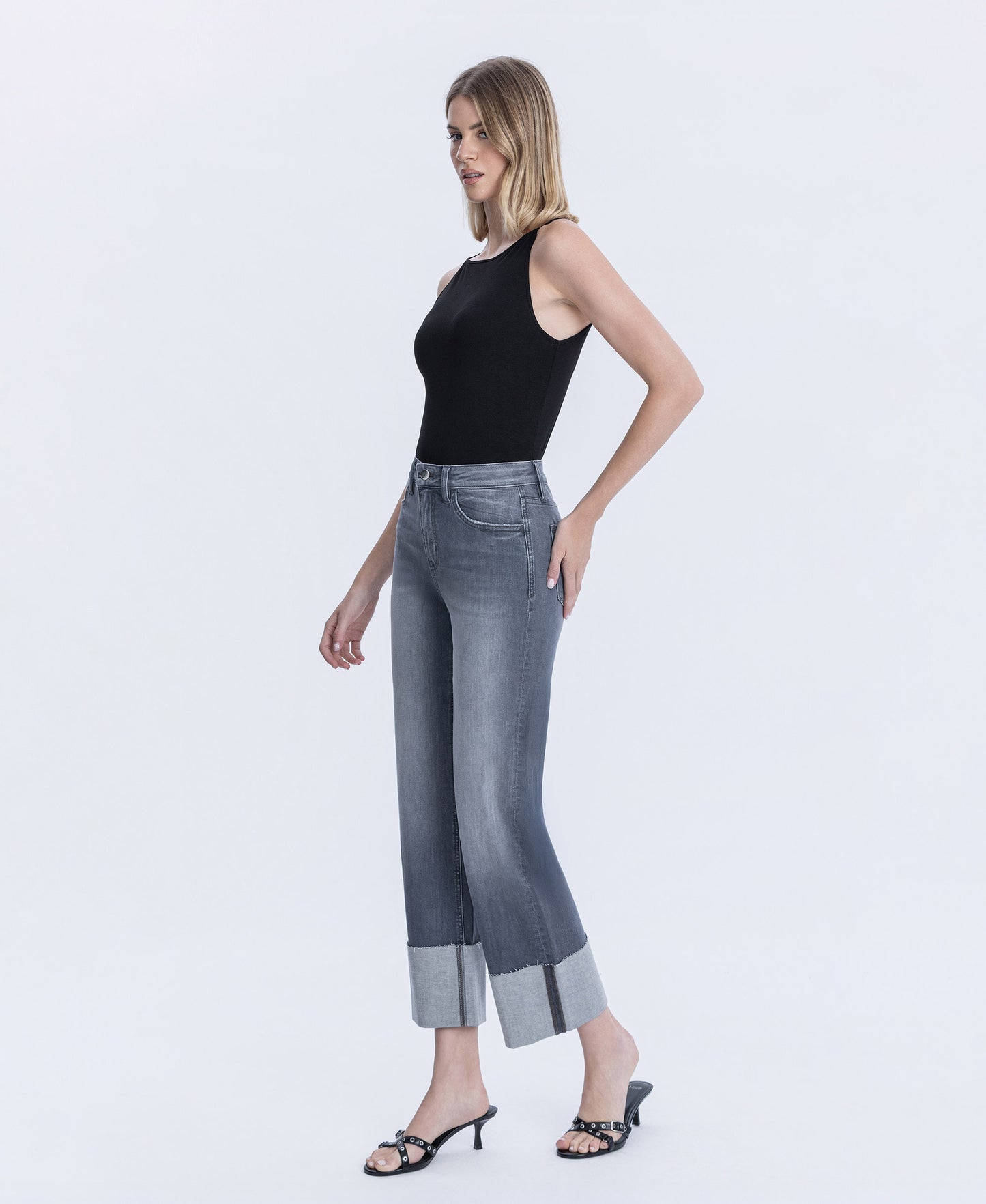 Left 45 degrees product image of Heavenly Wave - High Rise Cuffed Slim Wide Leg Jeans