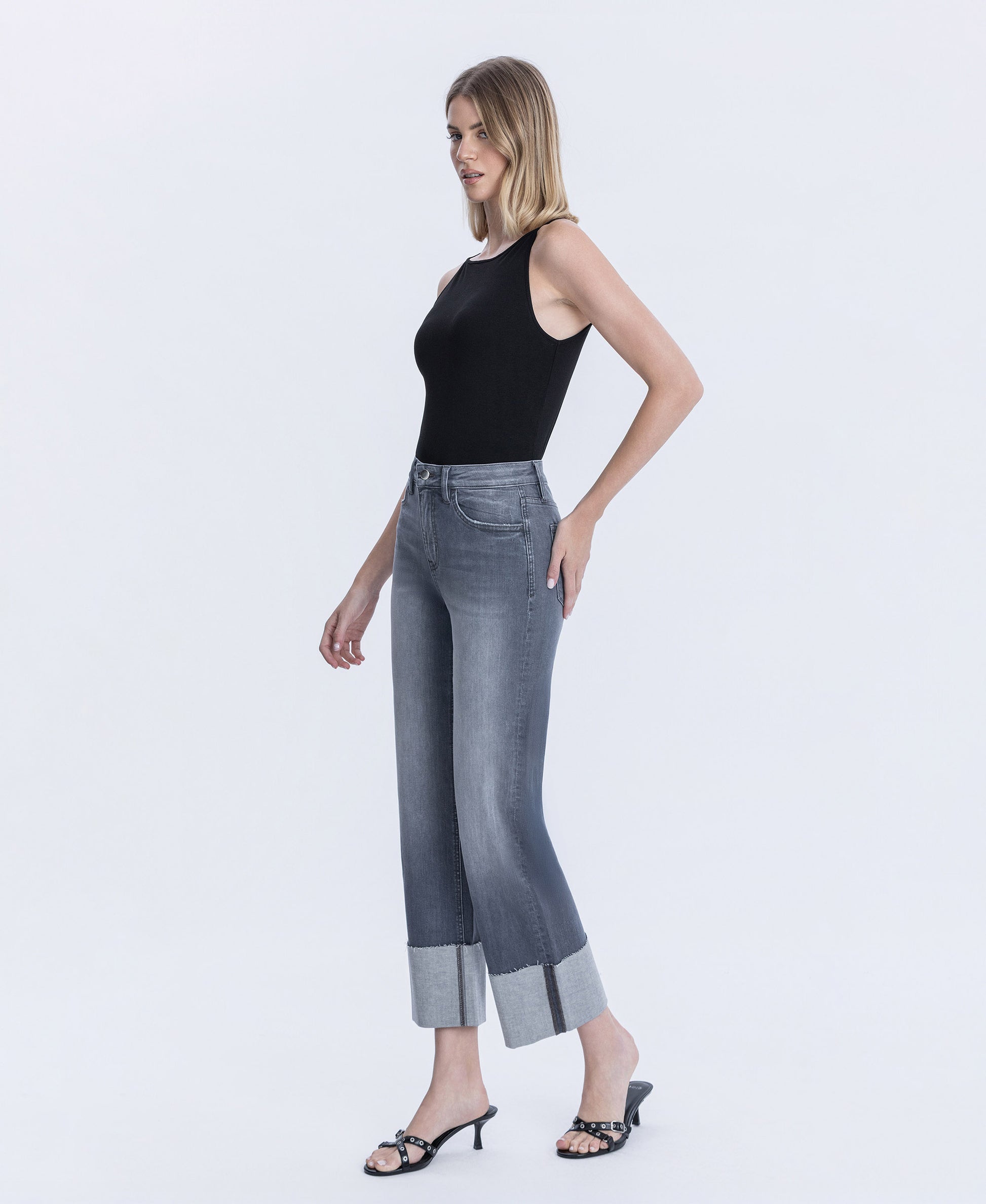 Left 45 degrees product image of Heavenly Wave - High Rise Cuffed Slim Wide Leg Jeans
