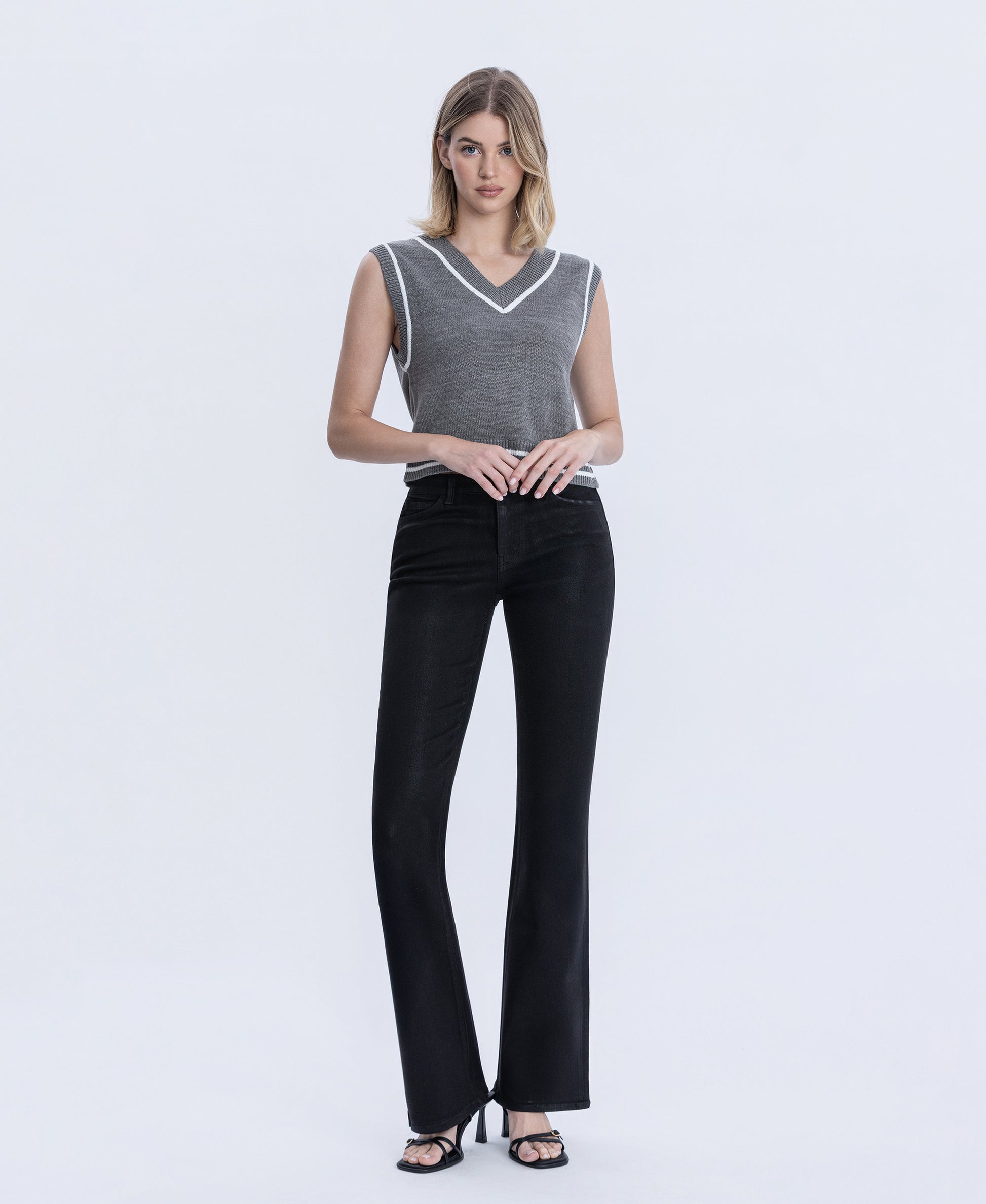 Front product images of Black - High Rise Full Length Coated Bootcut Jeans
