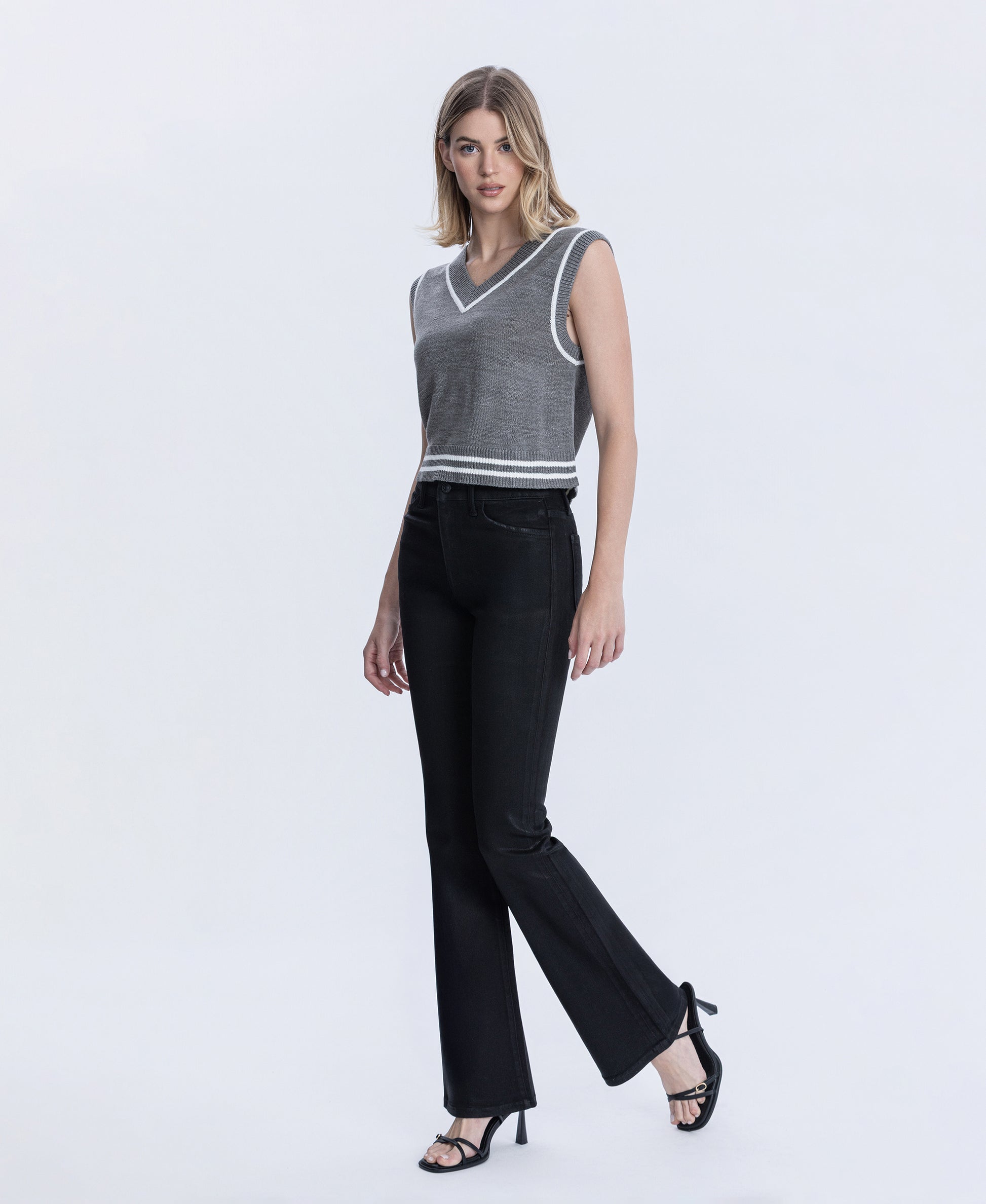 Left 45 degrees product image of Black - High Rise Full Length Coated Bootcut Jeans