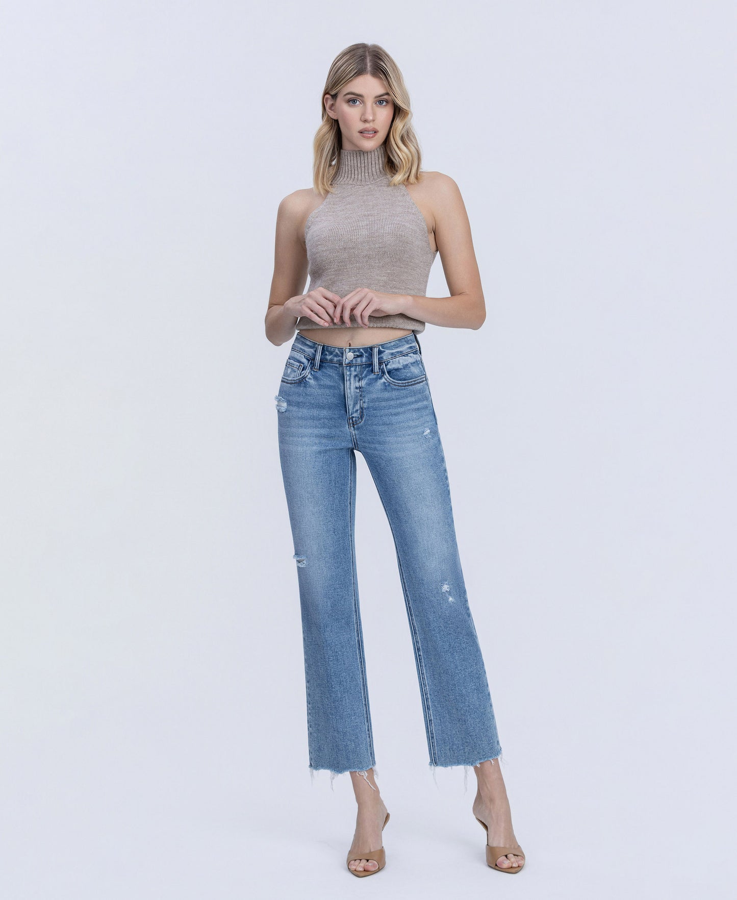Front product images of Blue Snow - High Rise Distressed Detail Ankle Straight Jeans