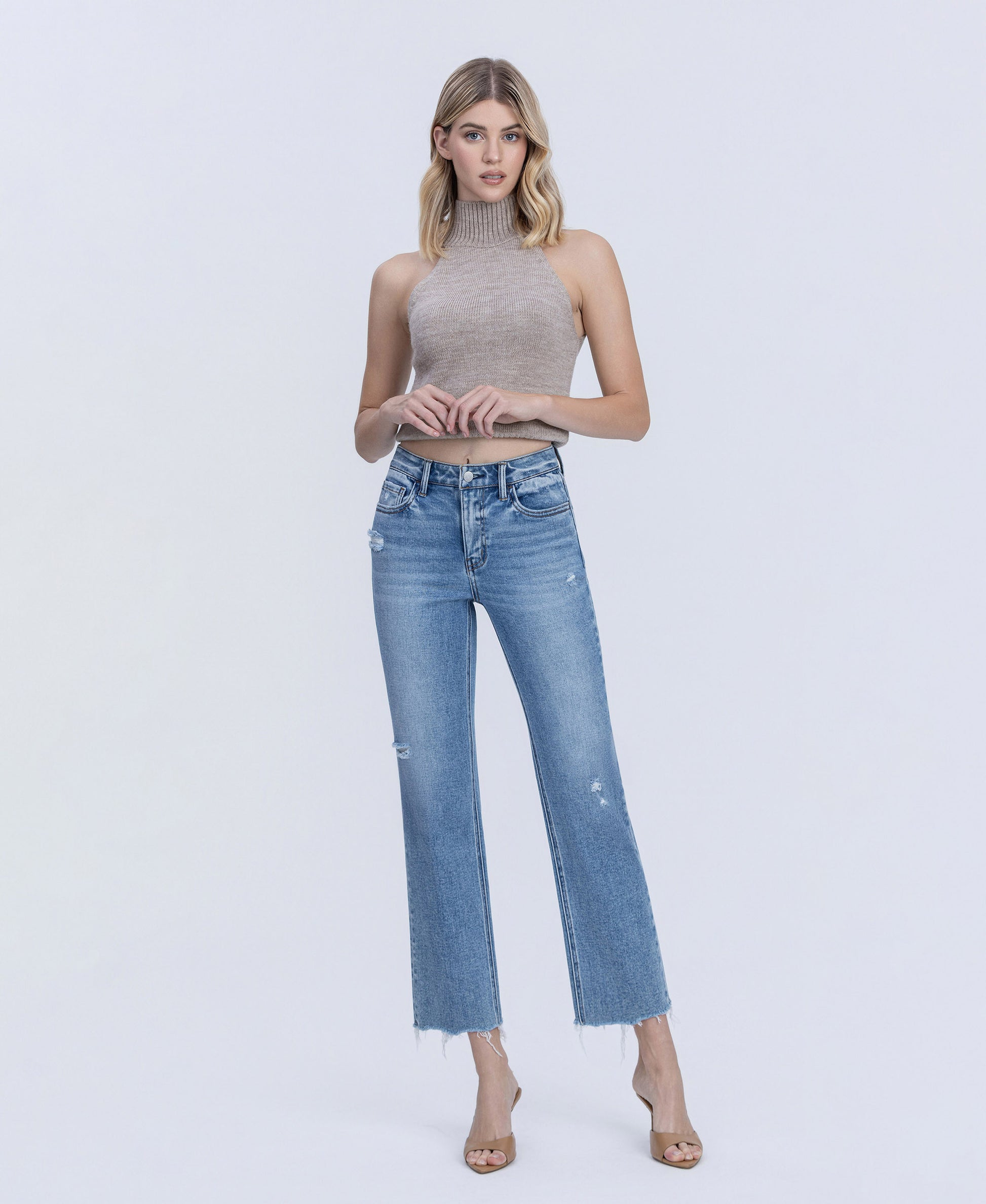 Front product images of Blue Snow - High Rise Distressed Detail Ankle Straight Jeans