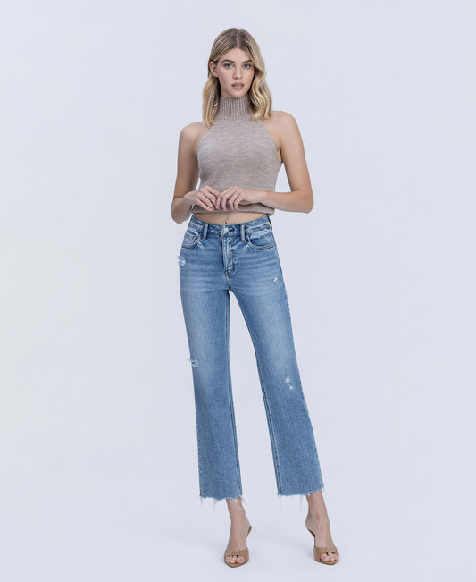 Front product images of Blue Snow - High Rise Distressed Detail Ankle Straight Jeans