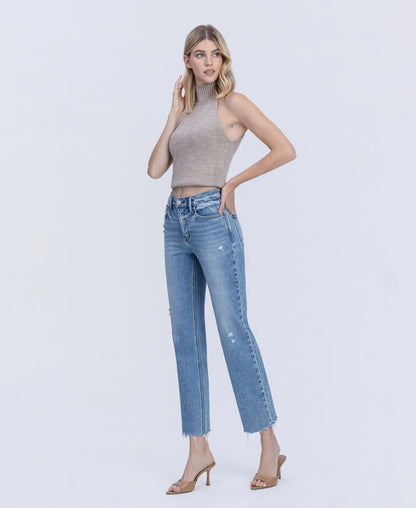 Left 45 degrees product image of Blue Snow - High Rise Distressed Detail Ankle Straight Jeans