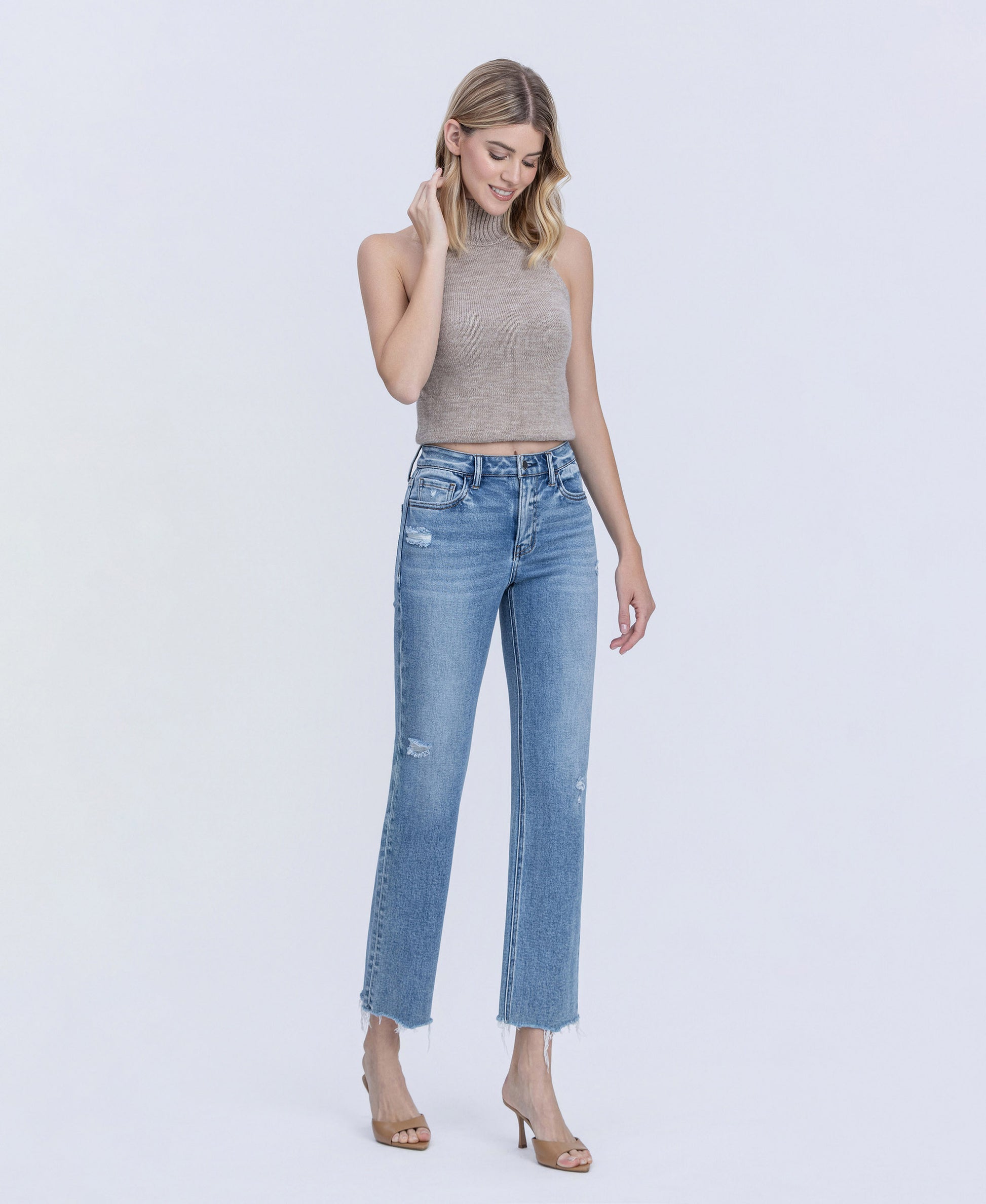 Right 45 degrees product image of Blue Snow - High Rise Distressed Detail Ankle Straight Jeans