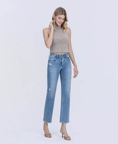 Right 45 degrees product image of Blue Snow - High Rise Distressed Detail Ankle Straight Jeans