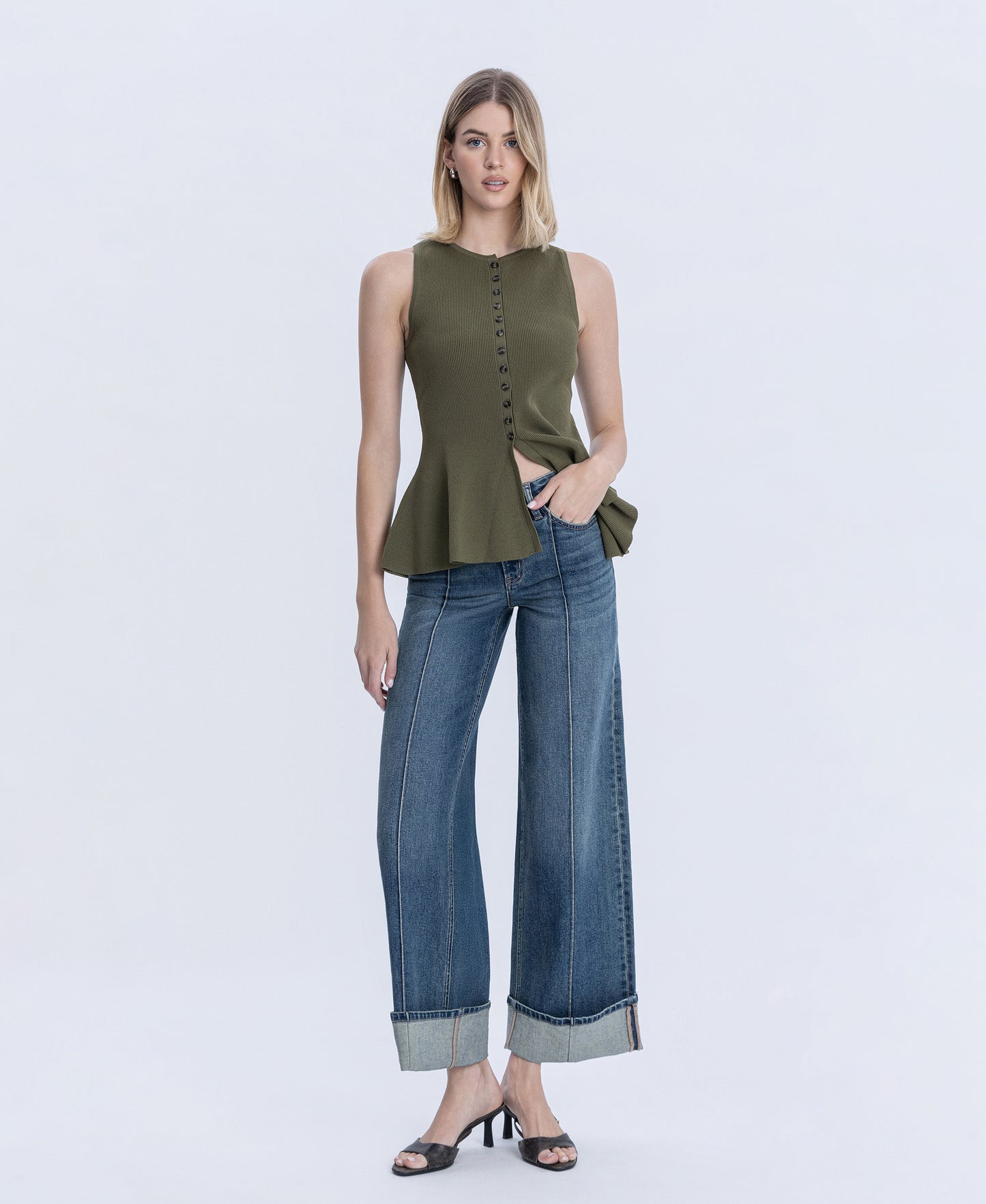 Front product images of Authenticity - Mid Rise Pin Tuck Cuffed Baggy Wide Leg Jeans