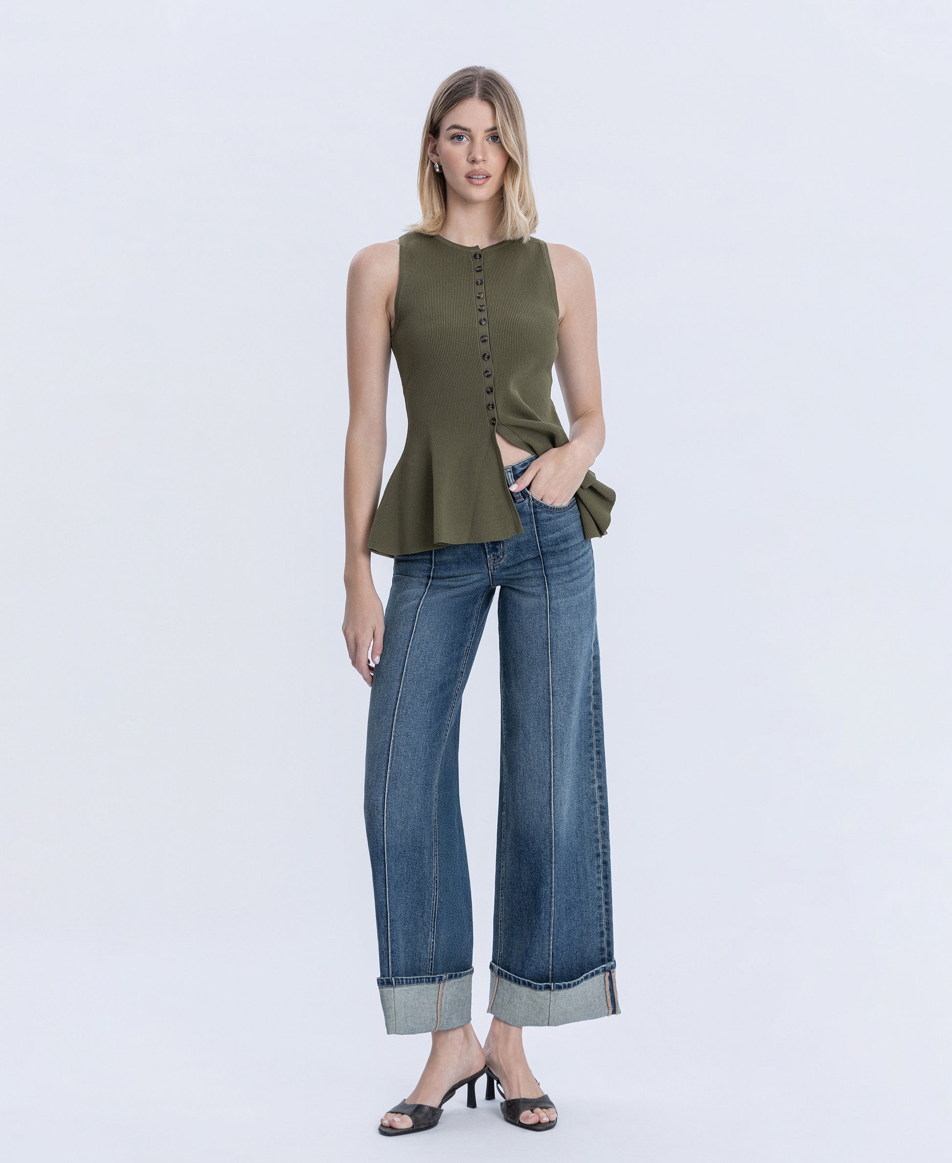 Front product images of Authenticity - Mid Rise Pin Tuck Cuffed Baggy Wide Leg Jeans