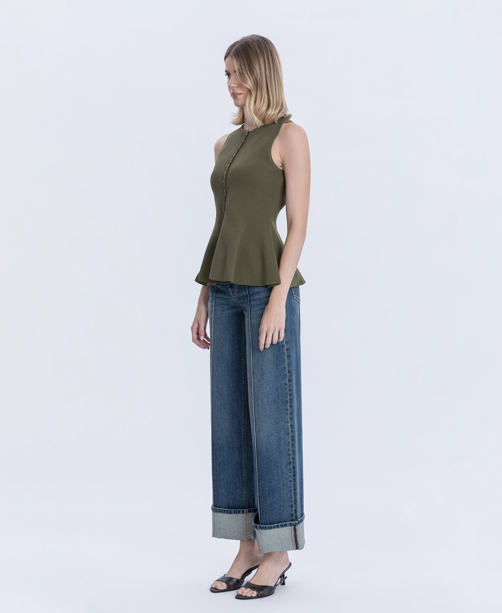 Left 45 degrees product image of Authenticity - Mid Rise Pin Tuck Cuffed Baggy Wide Leg Jeans