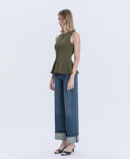 Left 45 degrees product image of Authenticity - Mid Rise Pin Tuck Cuffed Baggy Wide Leg Jeans