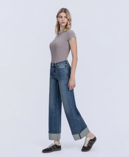 Left 45 degrees product image of Authenticity - Mid Rise Pin Tuck Cuffed Baggy Wide Leg Jeans