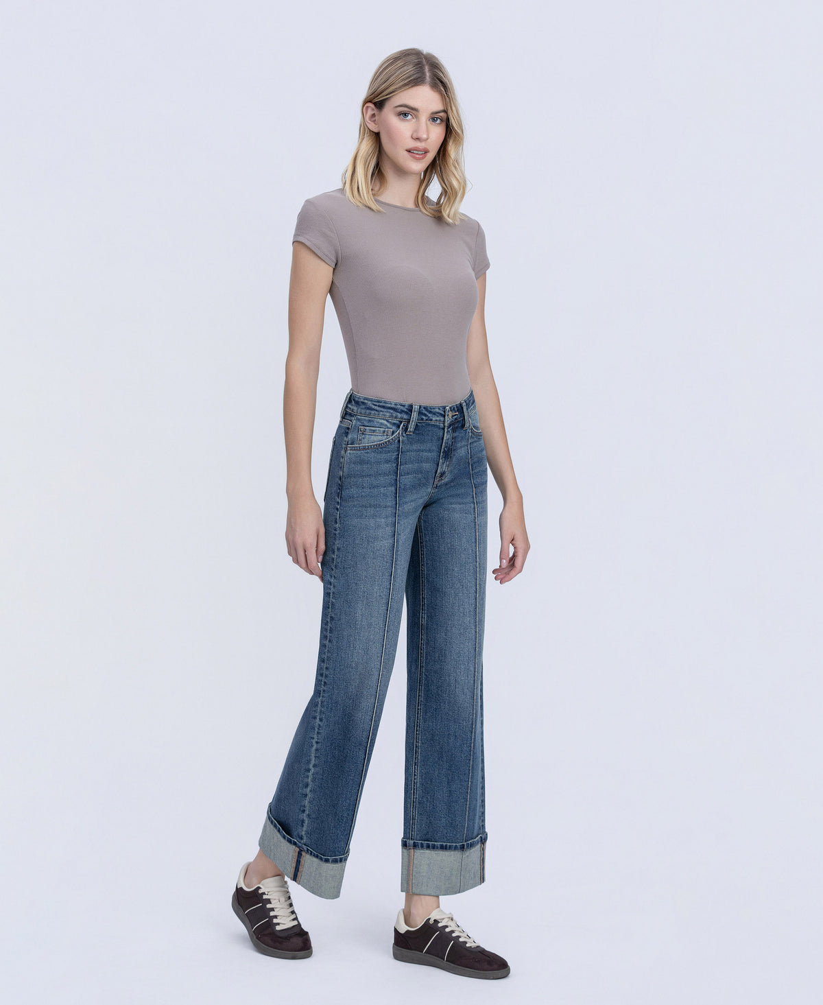 Right 45 degrees product image of Authenticity - Mid Rise Pin Tuck Cuffed Baggy Wide Leg Jeans
