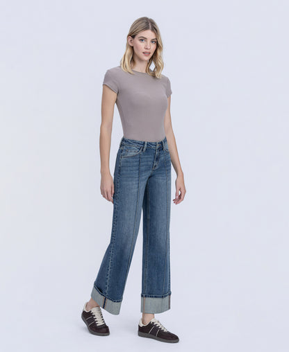 Right 45 degrees product image of Authenticity - Mid Rise Pin Tuck Cuffed Baggy Wide Leg Jeans