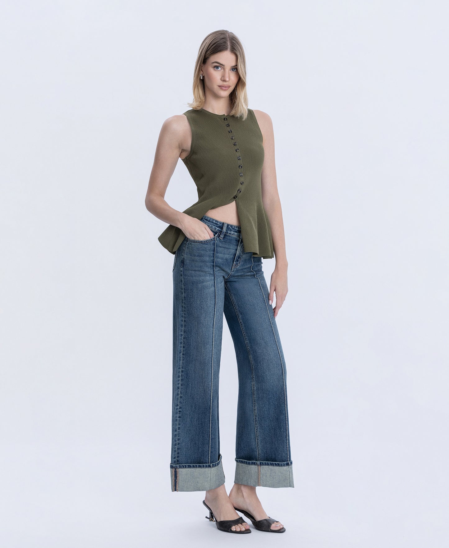 Right 45 degrees product image of Authenticity - Mid Rise Pin Tuck Cuffed Baggy Wide Leg Jeans