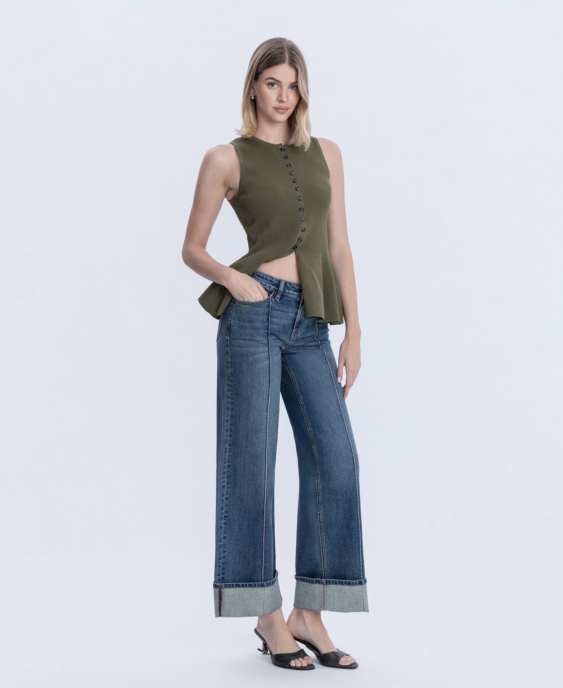 Right 45 degrees product image of Authenticity - Mid Rise Pin Tuck Cuffed Baggy Wide Leg Jeans