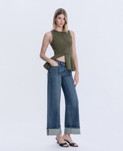 Right 45 degrees product image of Authenticity - Mid Rise Pin Tuck Cuffed Baggy Wide Leg Jeans