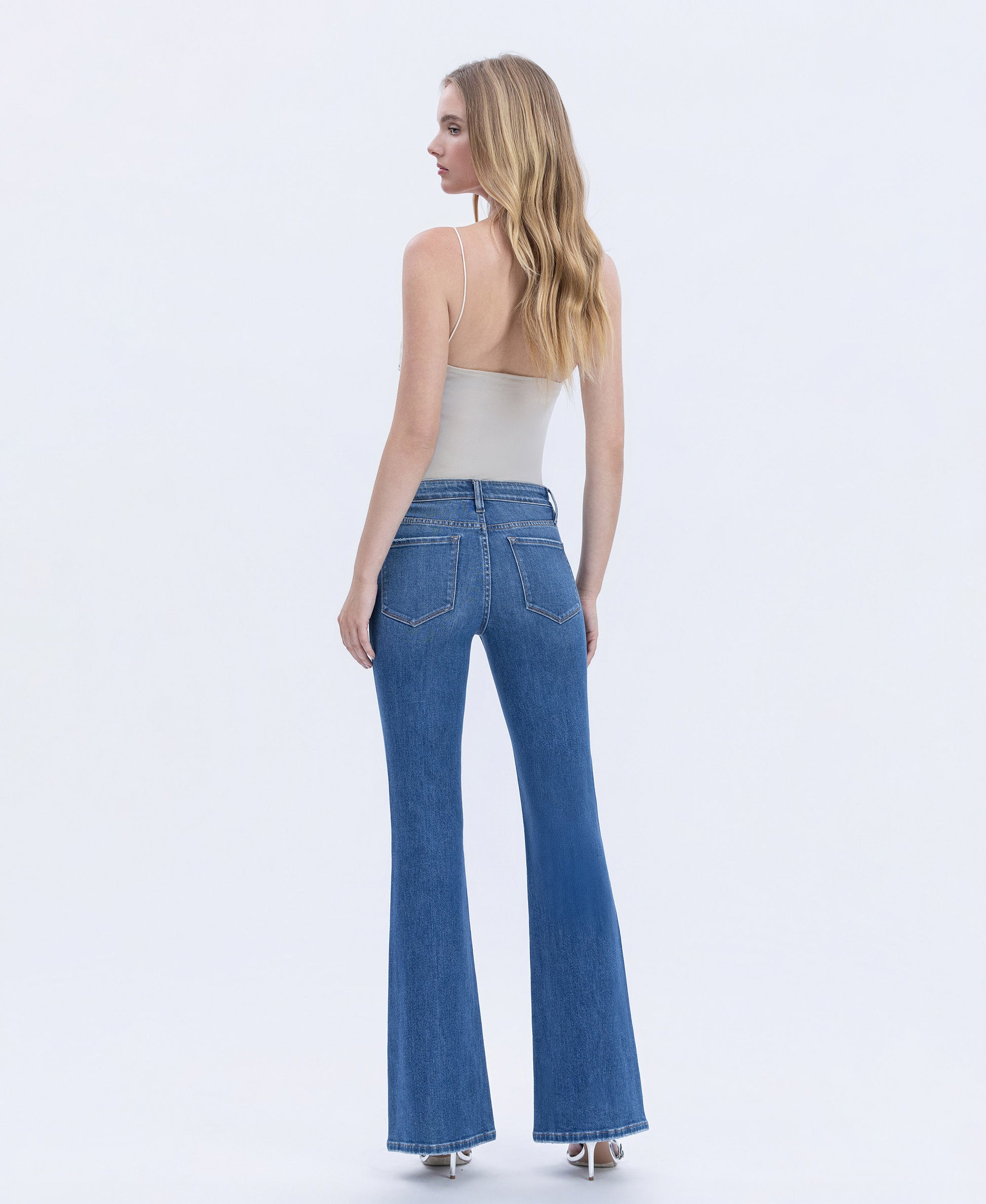 Back product images of Inspiring - Mid Rise Welt Pocket Pin Tuck Flare Jeans