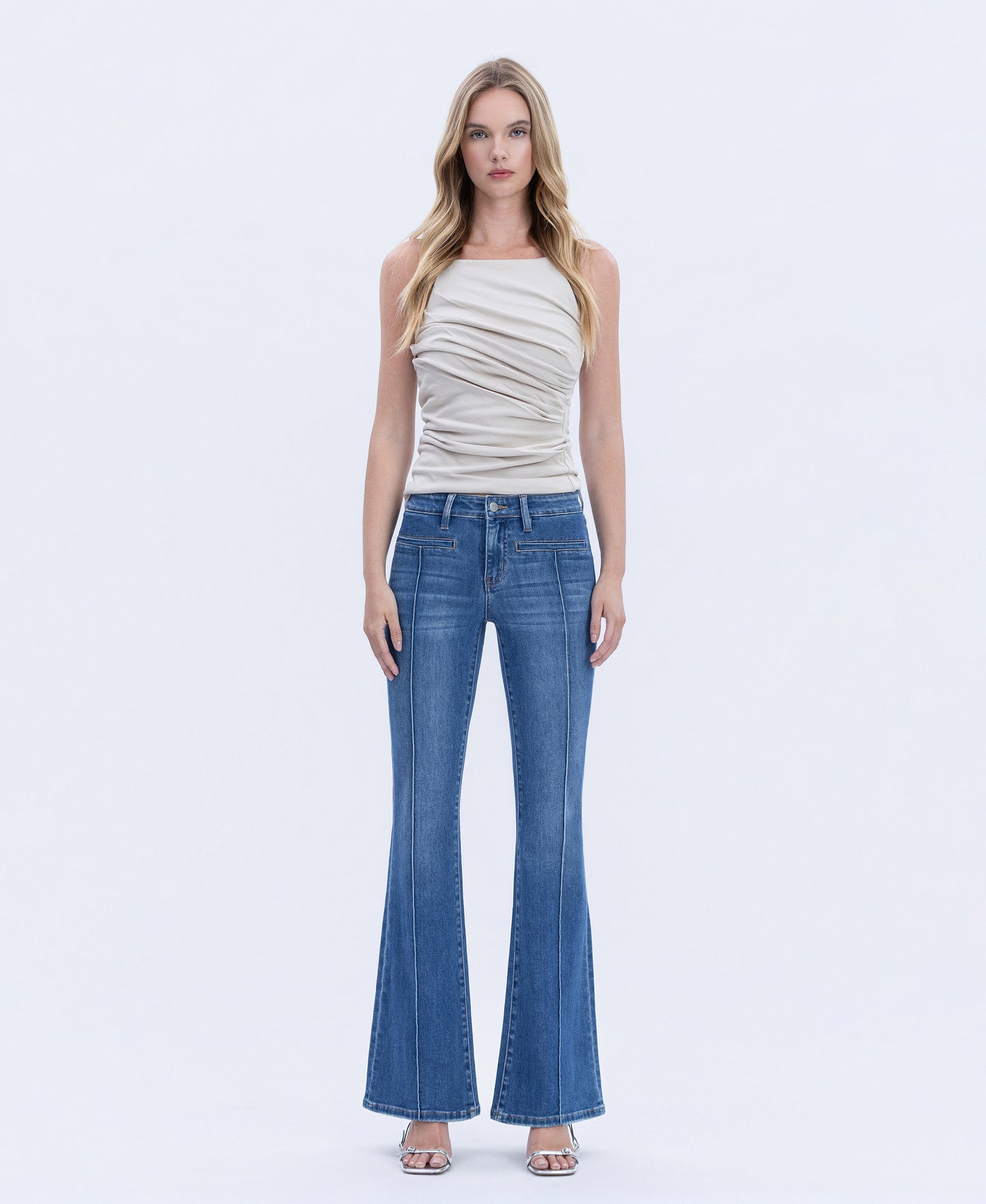 Front product images of Inspiring - Mid Rise Welt Pocket Pin Tuck Flare Jeans