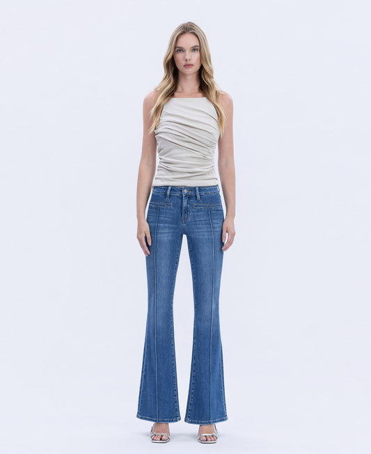Front product images of Inspiring - Mid Rise Welt Pocket Pin Tuck Flare Jeans