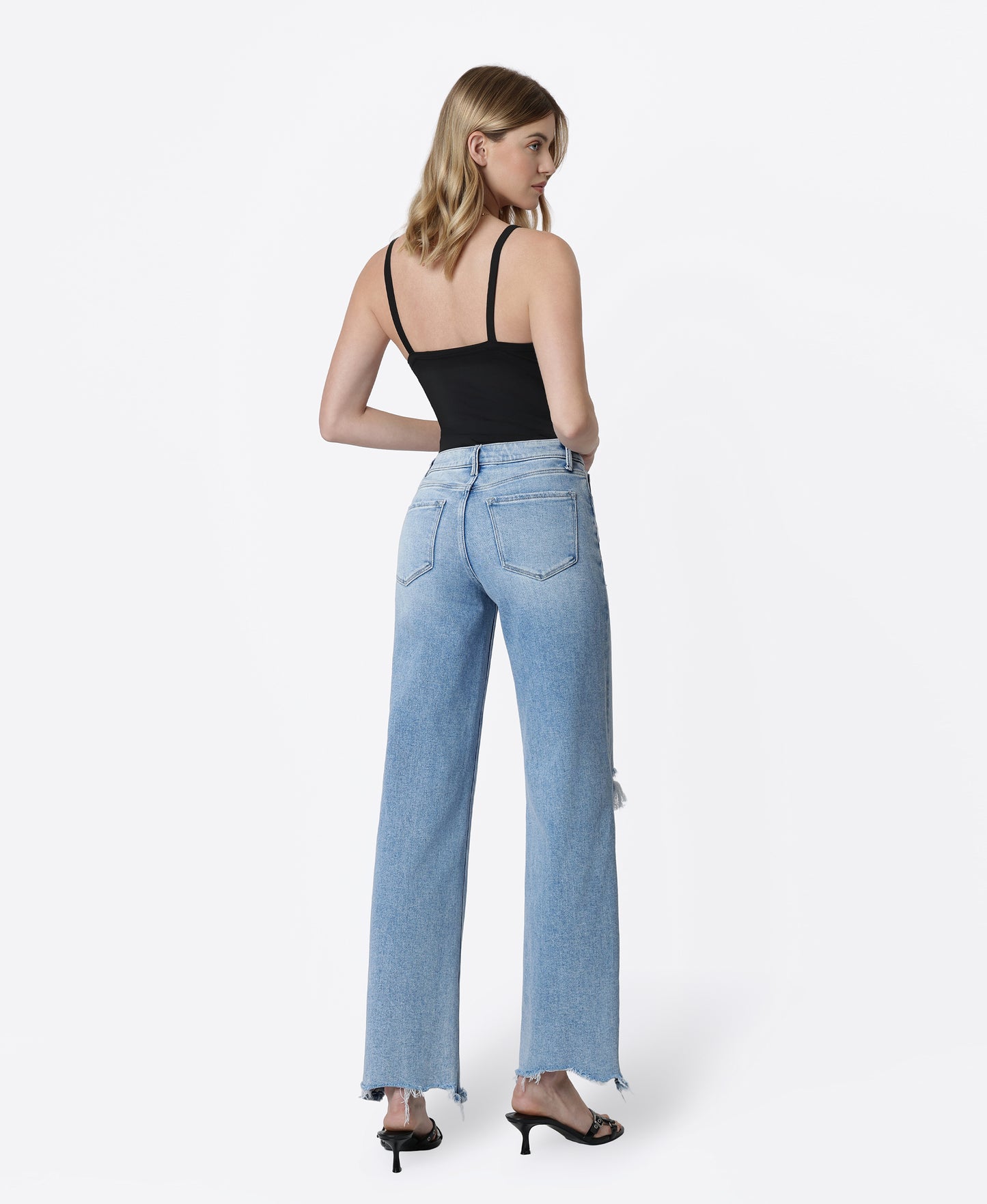Back product images of Glowing - High Rise Distressed Uneven Raw Hem Wide Leg Jeans