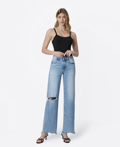 Front product images of Glowing - High Rise Distressed Uneven Raw Hem Wide Leg Jeans