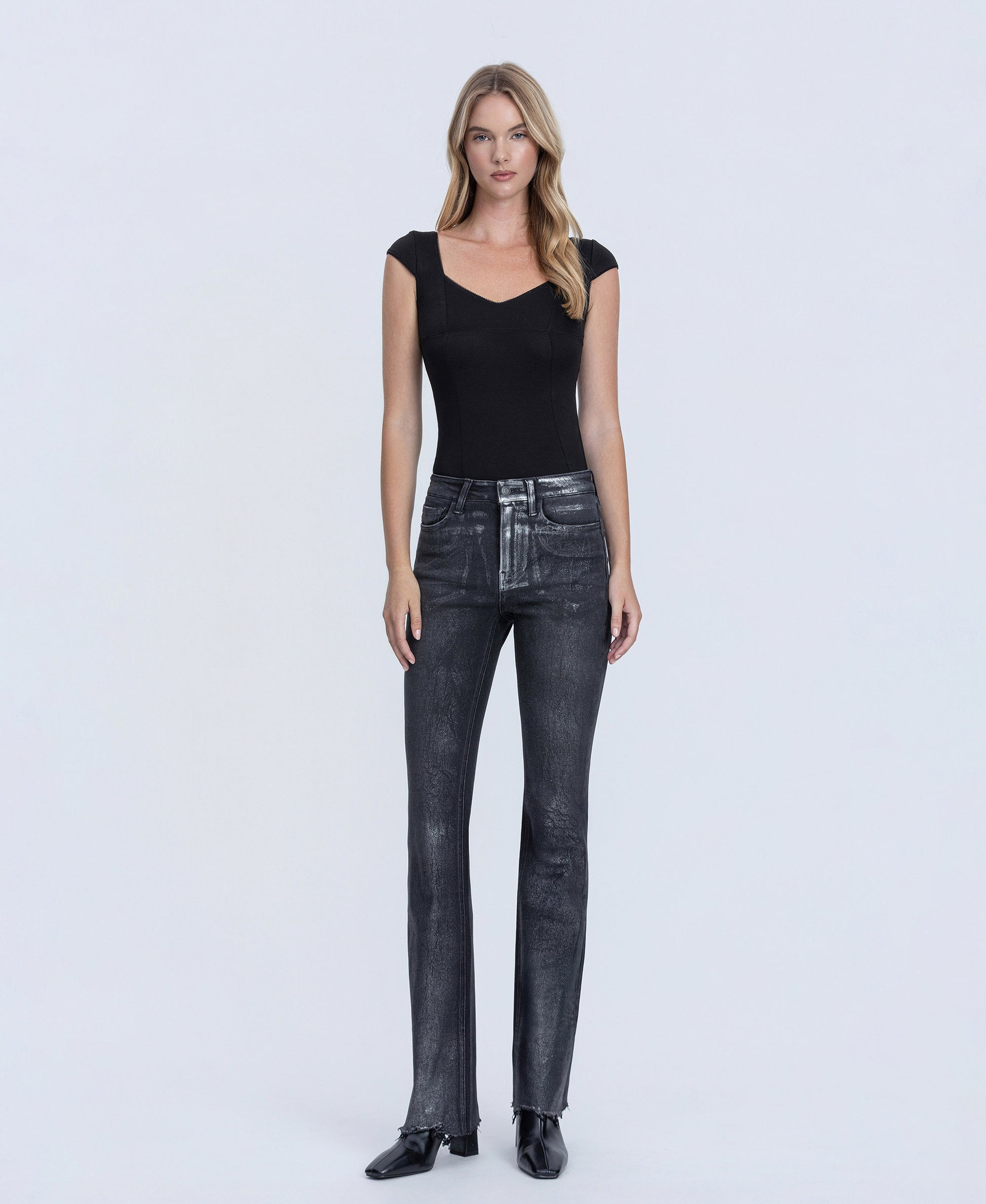 Front product images of Black - High Rise Metallic Coated Bootcut Jeans