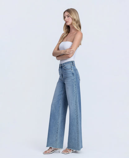 Left 45 degrees product image of Closeness - Super High Rise Raw Hem Wide Leg Jeans