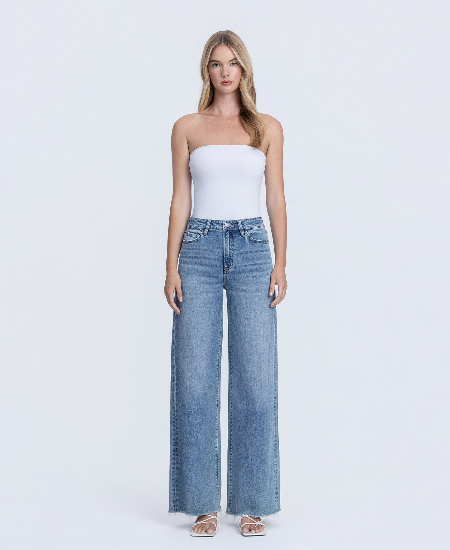 Front product images of Closeness - Super High Rise Raw Hem Wide Leg Jeans