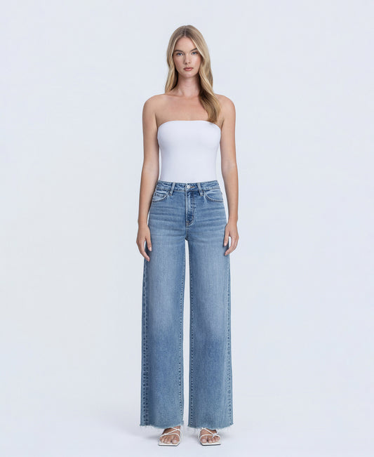 Front product images of Closeness - Super High Rise Raw Hem Wide Leg Jeans