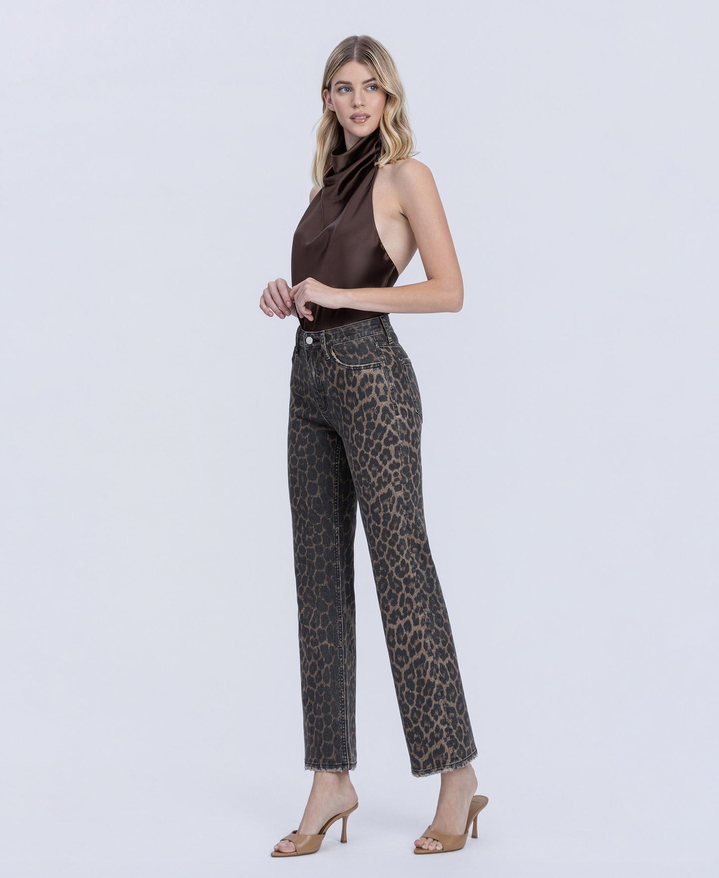 Left 45 degrees product image of Leopard - High Rise Slim Wide Leg Jeans