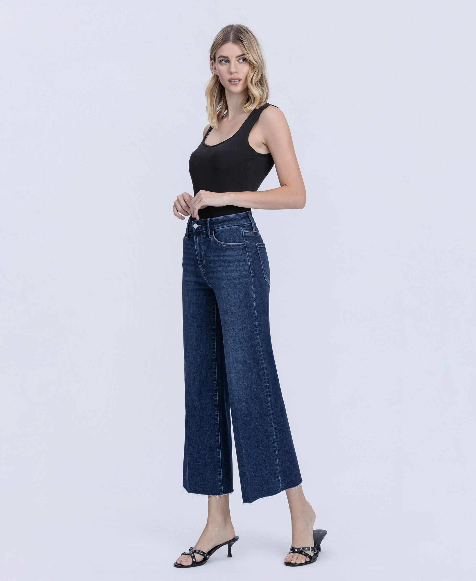 Left 45 degrees product image of Caring - High Rise Trouser Fold Crease Crop Wide Leg Jeans