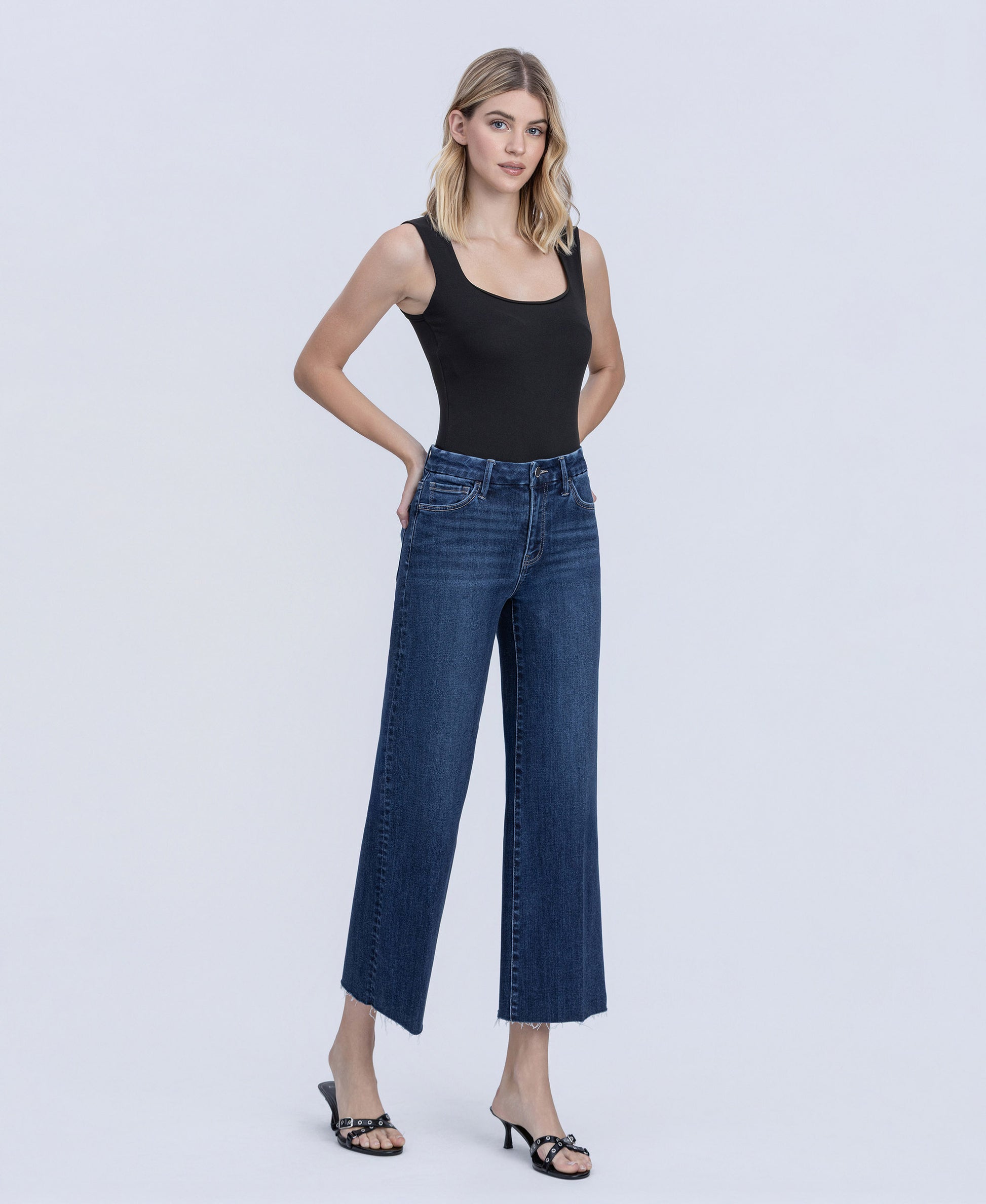 Right 45 degrees product image of Caring - High Rise Trouser Fold Crease Crop Wide Leg Jeans