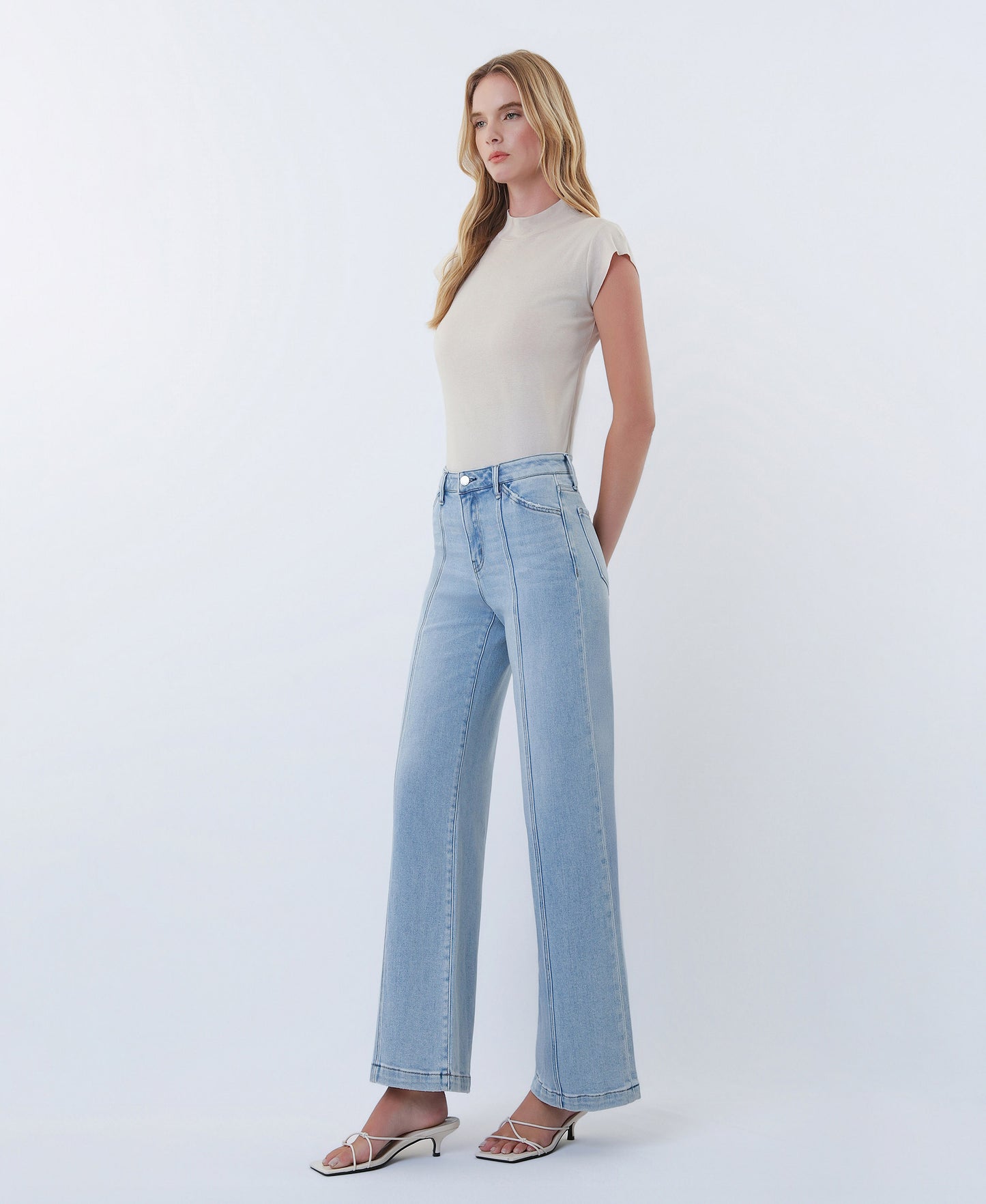 Left 45 degrees product image of Delightfulness - High Rise Cut Seam Detail Wide Leg Jeans