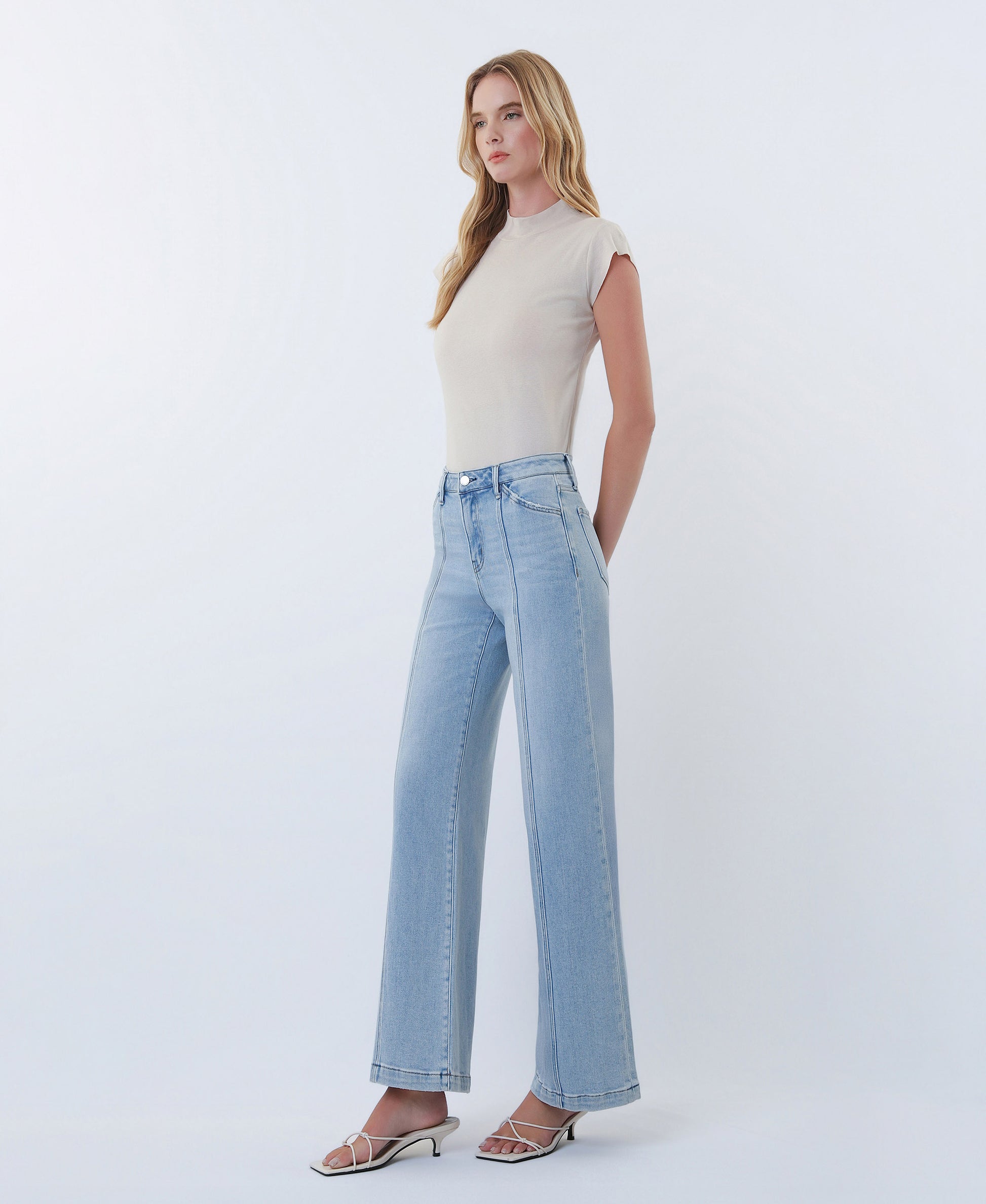 Left 45 degrees product image of Delightfulness - High Rise Cut Seam Detail Wide Leg Jeans