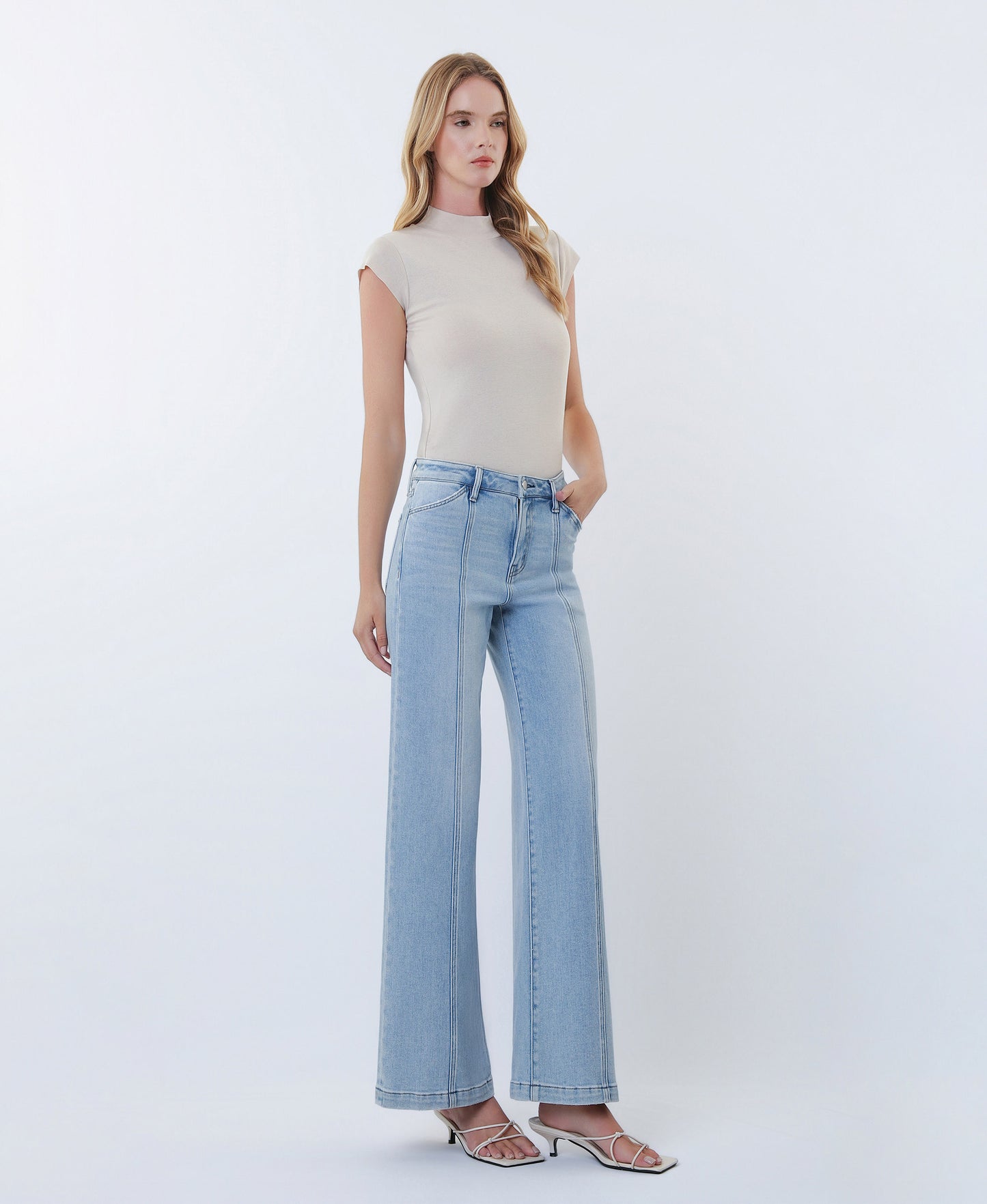 Right 45 degrees product image of Delightfulness - High Rise Cut Seam Detail Wide Leg Jeans