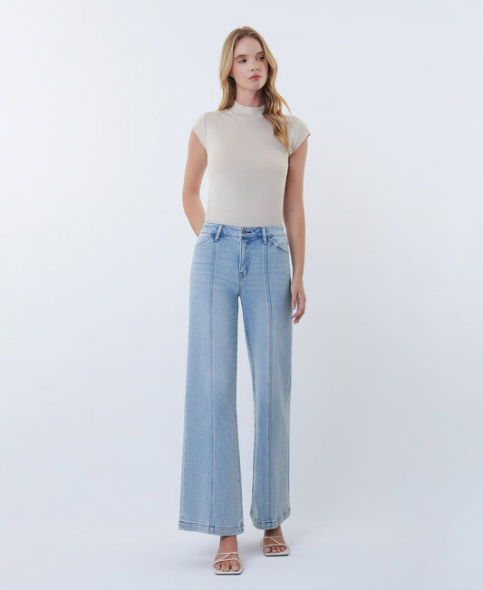 Front product images of Delightfulness - High Rise Cut Seam Detail Wide Leg Jeans